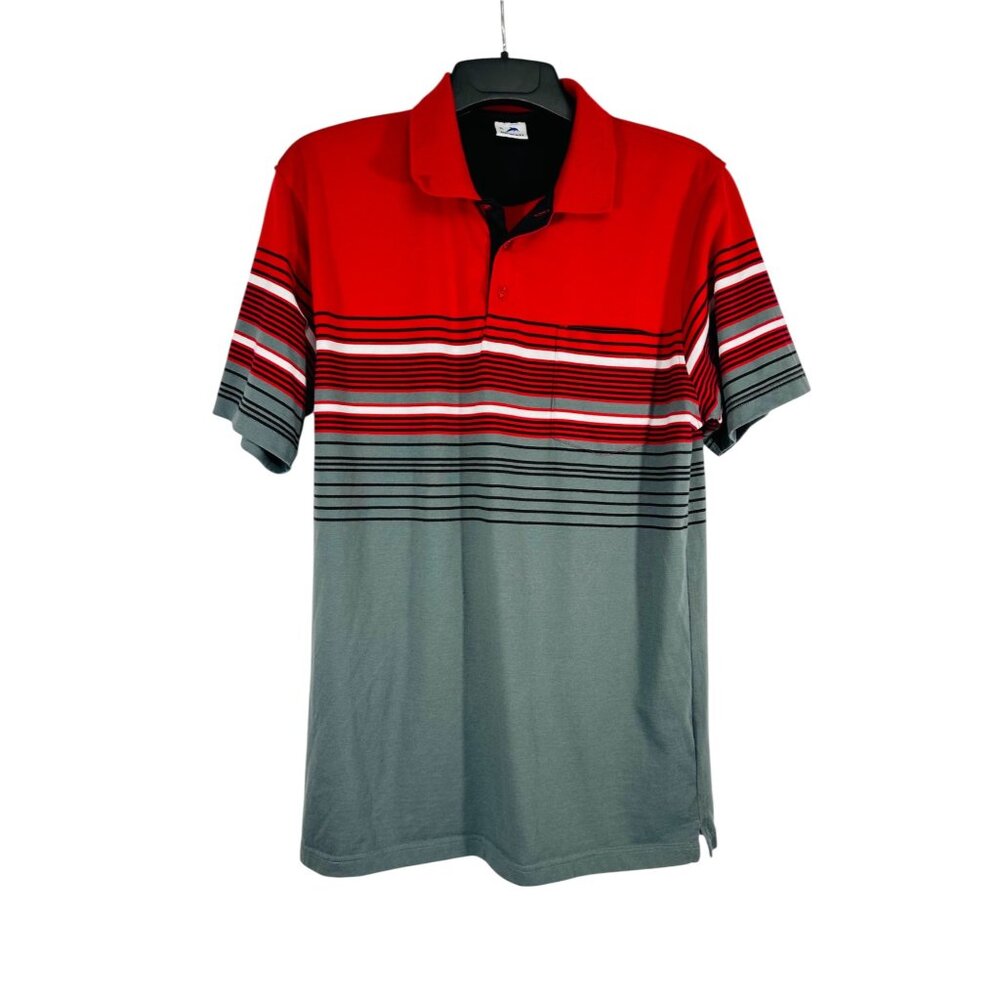 Gioberti Mens XL Red & Gray Striped Polo Shirt Short Sleeve Lightweight Team
